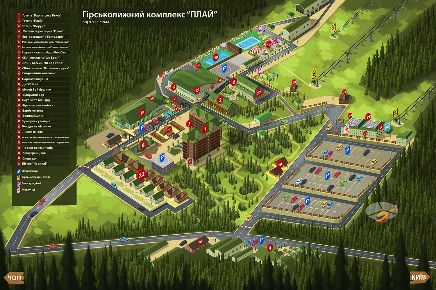 Плай карта, спуски, траси, підйомники, готелі