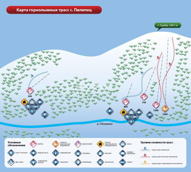 Пилипець карта спусків, трас, витягів, підйомників